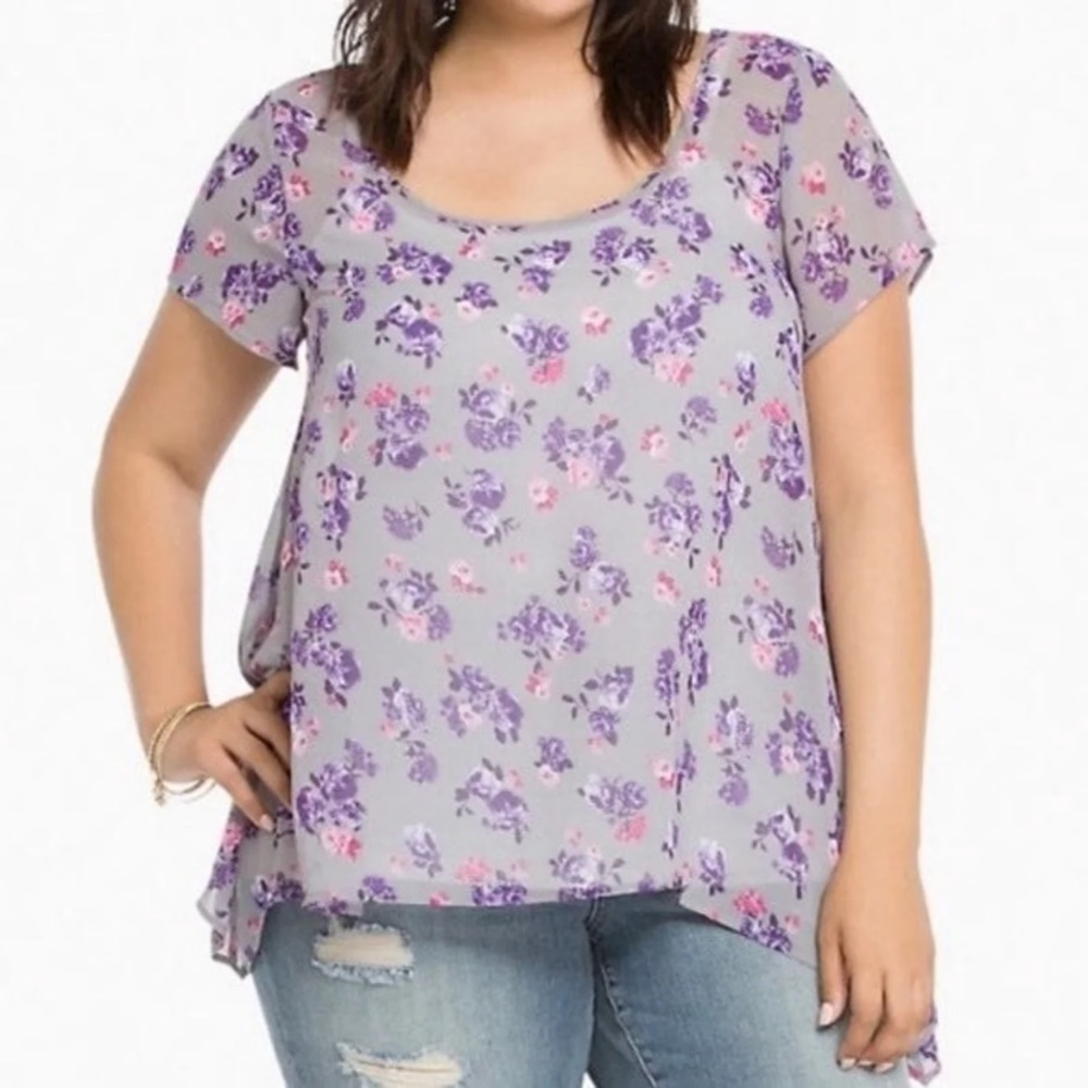 Torrid Women Sz 3 ‎ Asymmetric Hem Purple Floral On Gray Pullover Sheer Blouse